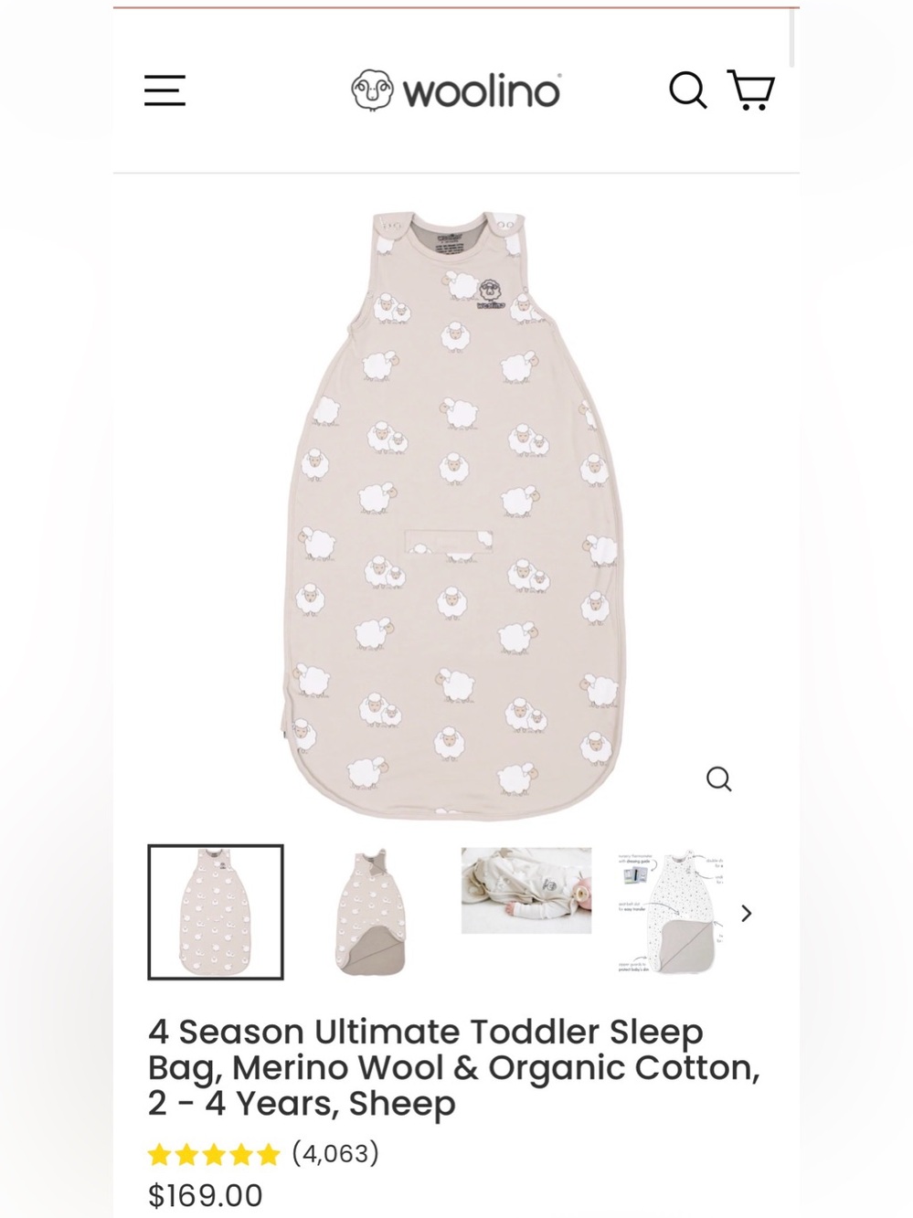 Woolino Toddler Sleep Bag in Light Beige Sheep Print